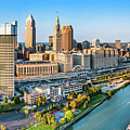 Aerial view of Cleveland, Ohio skyline at sunset
